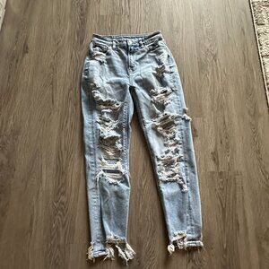 American Eagle Stretch Distressed Mom Blue Jeans 0 Short